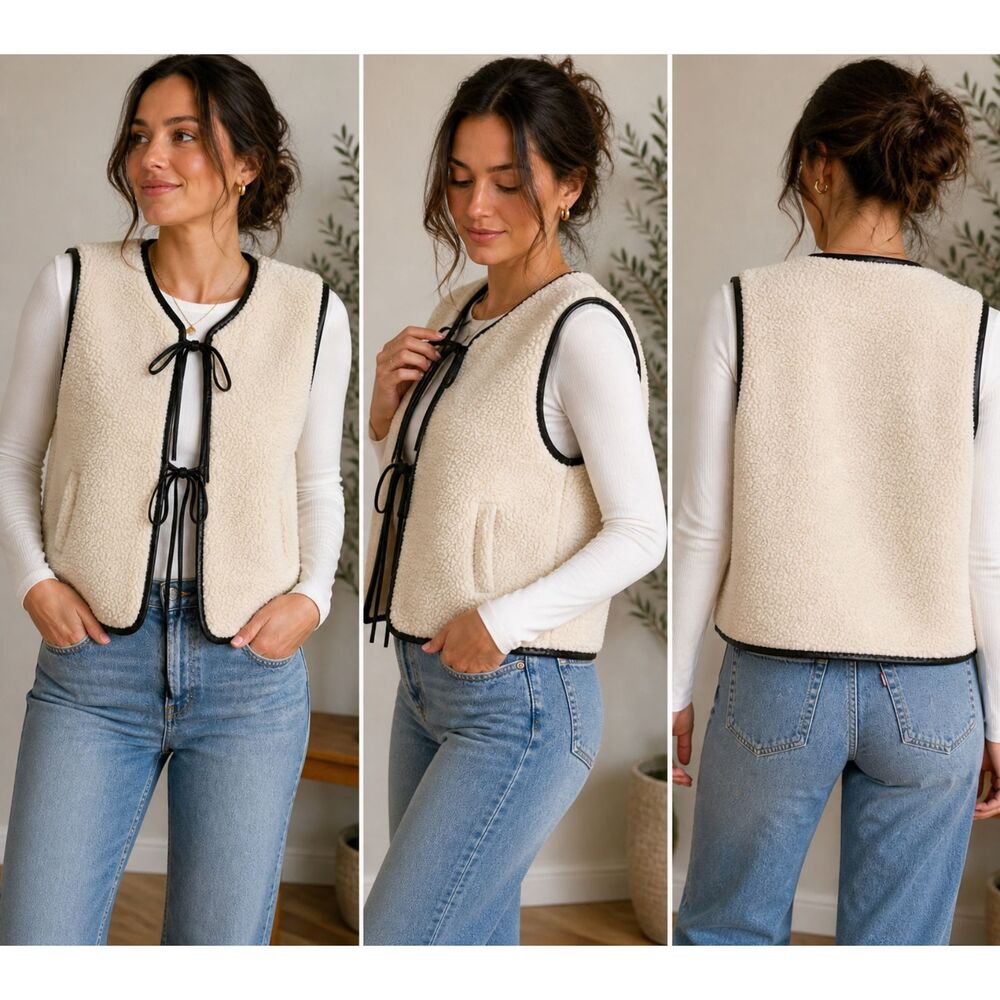 Anthropologie Sherpa Tie Front Vest Cream Black Vegan Leather Boho OS